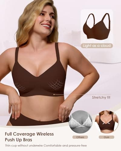 As Fairy Women's Seamless Wireless Push Up Comfort Bras V Neck Back Smoothing Bralette Full Coverage Lightly Pad Bra Coffee 32B - Thumbnail 5