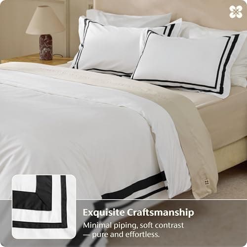 Bedsure 100% Cotton Duvet Cover Queen, Luxury Hotel Duvet Cover, White Comforter Cover with Black Frame, PureWoven Breathable & Lightweight Bedding Set for All Season, 3 Pieces, 90"x90" - Thumbnail 3