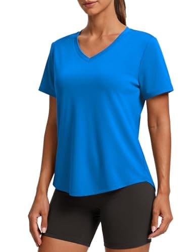 PINSPARK Quick Dry Workout Tops for Women Short Sleeve V Neck Moisture Wicking Athletic Gym Shirts Running Hiking T-Shirts,Sparkle Blue XX-Large - Image 1