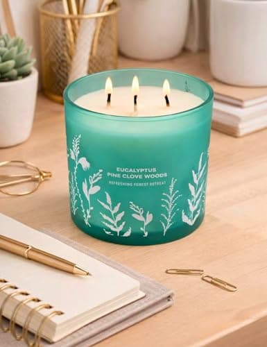Eucalyptus Pine Clove Woods Scented Candle - Large 3-Wick Aromatherapy Soy Candle for Home, 14.5oz - Pine Balsam Forest Stress Relief Candle - Birthday Gift for Women & Men - Thumbnail 5