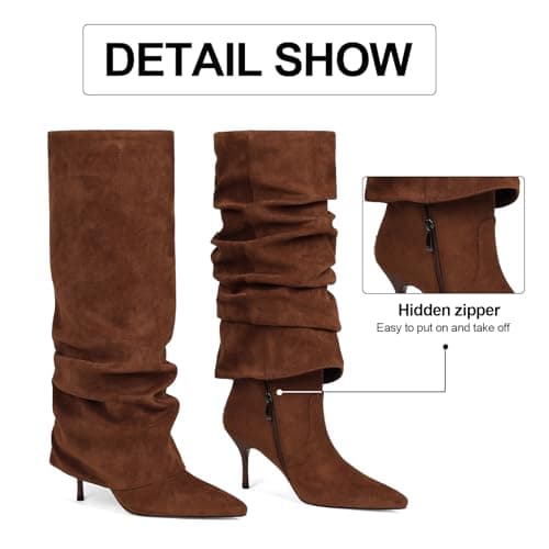 COMFITORIA Womens Knee High Boots, Fold Over Shark Boots Stiletto Heels Slouchy Long Boot Pointed Toe Thigh High Dress Shoes Sexy Fashion Tall Boot for Women with Zipper, Brownsuede, 9 - Thumbnail 5