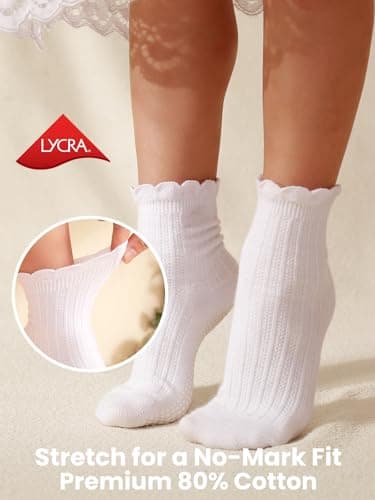 ALLOVIN 6 Pairs Non-Slip Ruffle Lace Socks for Baby & Toddler Girls – Soft Cotton Grip Socks | Pure White/Off-White | 6-12 Months - Thumbnail 6