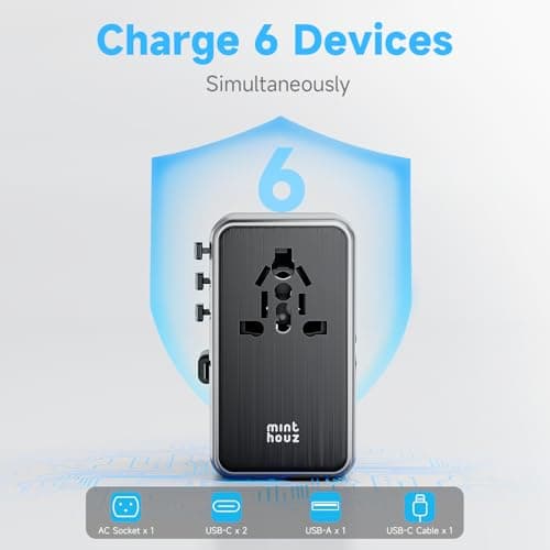 Minthouz Universal Travel Adapter, International 100W Power Adapter GaN Fast Charger with 2 USB-C PD, 1 USB-C Cable &A Ports, All-in-One Portable AC Power Plug Adapter for USA EU UK AUS - Thumbnail 2