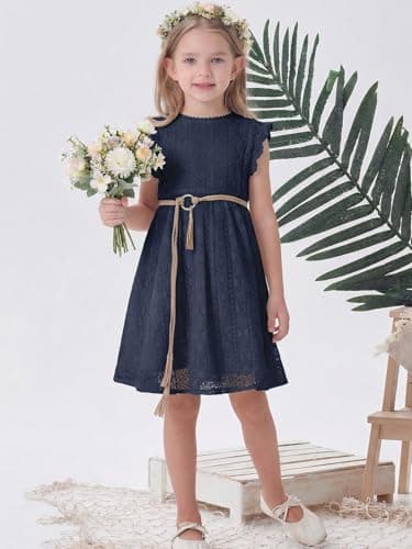ALLOVIN Toddler and Girls Vintage Boho A-Line Lace Dress with Belt Pom Pom Trim Birthday Party Dress | Navy Blue | 3-4T - Thumbnail 2