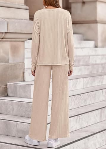 KIRUNDO Spring 2 Piece Lounge Sets for Women Long Sleeve Ribbed Knit Tops Wide Leg Pants Matching Travel Outfits Postpartum(Beige, X-Large) - Thumbnail 2