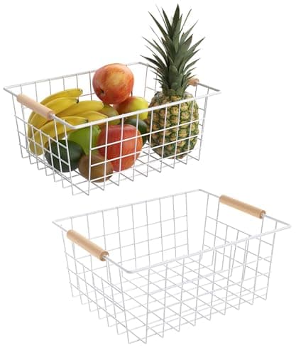 Wire Basket with Wooden Handle, Metal Utility Storage Basket for Organizing Kitchen Pantry Cabinets, Closet and Garage Shelves Drawers, Office Metal Basket Storage Organizer with Handle (White 2 Pack) - Image 1