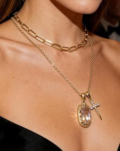 Anranyo 18K Dainty Gold Cross Necklace, Pink Birthstone Necklace, Hypoallergenic,Layered Necklaces for Women, Non Tarnish, Minimalist, Christian Gifts for Wife Daughter Sister Girlfriend - Thumbnail 2