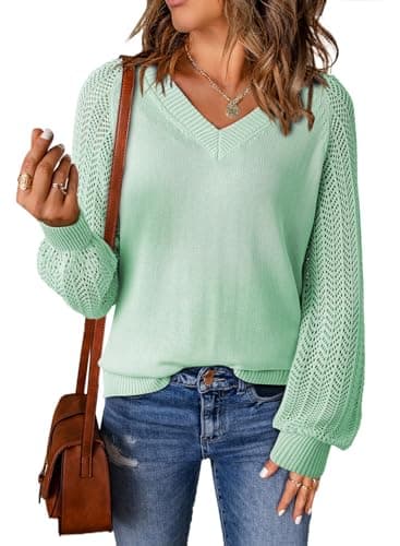 Dokotoo Womens Oversized Sweaters for Women 2026 Spring V Neck Long Puff Sleeve Solid Hollow Out Fashion Casual Loose Plain Solid Color Cable Knit Sweater Pullover Jumper Outerwear Sky Blue XX-Large - Image 1