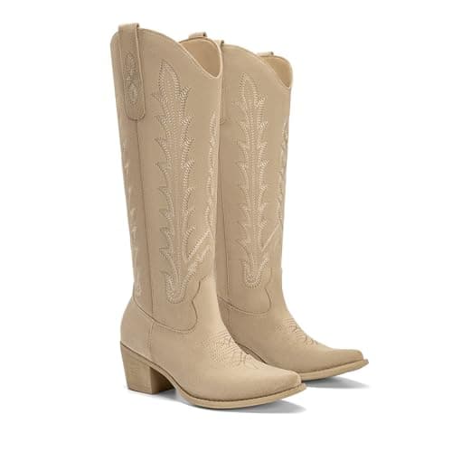 Athlefit Western Cowboy Boots for Women Knee High Cowgirl Comfortable Pull On Block Heel Pointed Toe Embroidered Camel Suede Tall Boots for Travel Walking Camel Suede Size 10 - Thumbnail 4