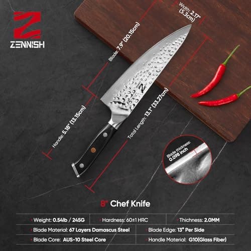 【Chef Choice】 8 Inch Damascus Chef Knife, Anti-Stick Hammered Blade, Japanese AUS-10 67-Layer Kitchen Knife, Ergonomic G10 Handle, Professional Meat & Vegetable Cooking Knife, Gift Box - Thumbnail 6