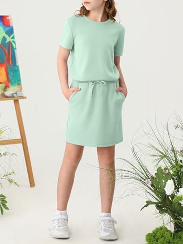 XMWEALTHY Girls Clothing Cute Summer Clothes Round Neck T-Shirt and Drawstring Athletic Tennis Skirt Sets Kids Outfits Bright Green 13-14Y - Thumbnail 5