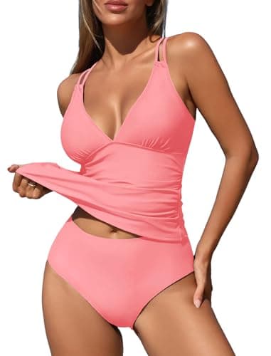ZAFUL Tankini Swimsuits for Women Tummy Control V Neck Push Up Swim Top Solid Color Tummy Control High Waisted Swim Bottom Cheeky Bathing Suits for Women (Coral XXL) - Image 1