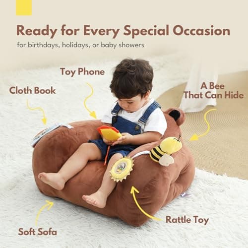 Lovvie & Joy Toddler Sofa Chair, Soft Toddler Kids Chair with Learning Toy Phone,Cloth Book and Rattle Toy,Toddler Chair Couch for Boys and Girls Ages 1+ Years Bear - Thumbnail 5
