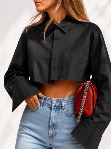 Button Down Crop Top for Women Casual Irregular Hem Solid Color Cropped Blouse Shirt Tunics Black XL - Thumbnail 2
