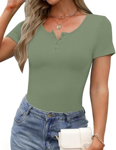 GKBK Short Sleeve Henley Shirts for Women Ribbed Scoop Neck Fitted Tight Basic Tee Shirts Casual Spring Summer Tops 2025 Trendy Outfits Dressy Sage Green S - Thumbnail 2