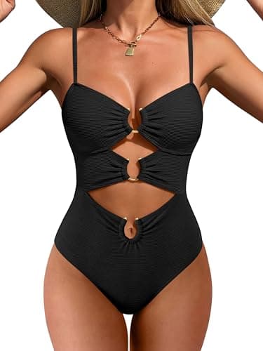 ANRABESS Women One Piece Swimsuits Sexy Cutout Full Coverage Bathing Suit Ring Link Ruched Monokini Beach Swimwear Black Medium - Image 1
