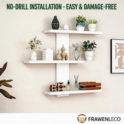 FRAWENLECO No Drilling 3 Tier Wall Shelf Unit, Versatile Lack Wall Shelf, Wall Hanging Storage Shelves for Kitchen Living Room Bedroom Dorm, Decorative Vertical Shelving Unit, White - Thumbnail 3