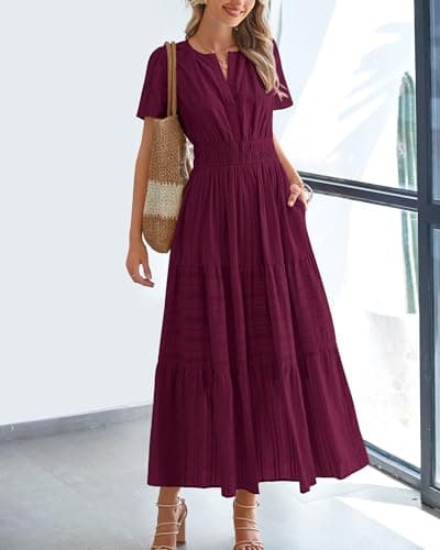 BTFBM Womens Summer 2026 Casual Midi Maxi Dresses Lightweight Short Sleeve V Neck Elastic Waist Boho Beach Dress Pockets(Wine Red, Small) - Thumbnail 2