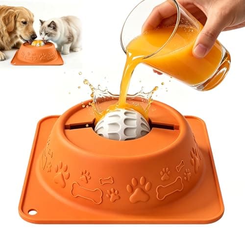 Slow Feeder Dog Bowl for Liquid Treats, Anti-Slip Lick Bowl with Smooth Rolling Ball, No Spill Pet Bowl Yogurt Water Pup Lick Toy for Large Medium Small Dogs and Cats, Anxiety Relief Boredom, Orange