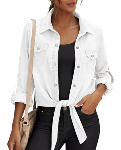 PRETTYGARDEN Women's Rolled 3/4 Length Sleeve Tie Knot Front Summer Tops V Neck Lapel Collar Button Down Modern Denim Shirts (White, Medium) - Image 1