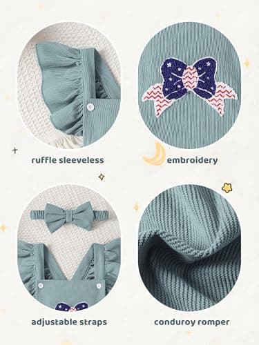 GEMLON Baby Girl 4th of July Outfit Ruffled Sleeveless Embroidery Preemie Bodysuit with Headband 3-6 Month Girl Clothes - Thumbnail 6