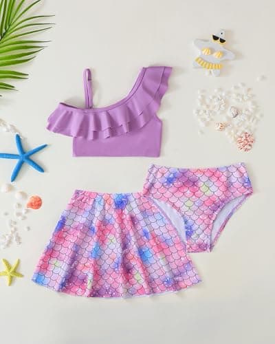 Girls Swimsuit Toddler Bathing Suit Size 6 7 Kids Swimsuits with Skirt Cute Ruffle One Shoulder Mermaid Swimming Little Girl Bikini Sets Summer Outfit - Thumbnail 2