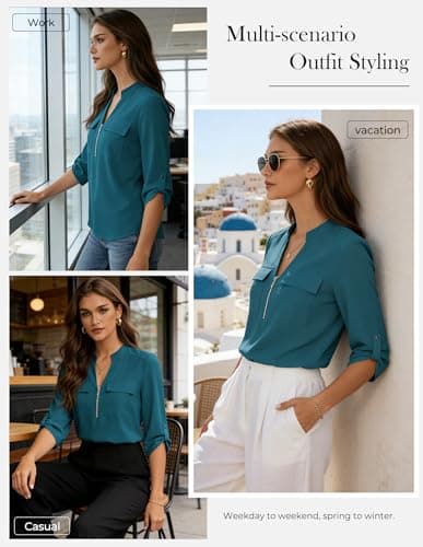 Womens Business Casual Tops,3/4 Sleeve Henley Shirts with Zip Up,Office Work Blouses Lightweight Summer Peacock Blue M - Thumbnail 2