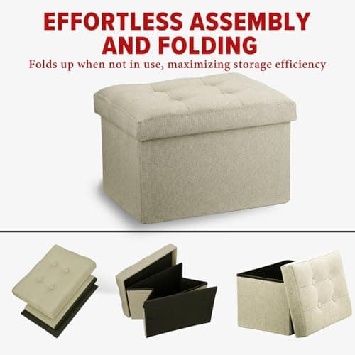 LINMAGCO Ottoman Storage Ottoman with Storage Small Foot Rest Stool Under Desk Stool Short Folding Footrest Linen Cloth Beigh 16X12X12IN - Thumbnail 5