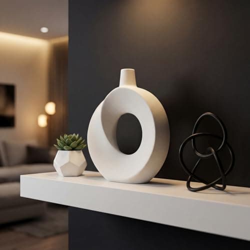 DSYSMIN 10.24" White Ceramic Donut Vase for Pampas Grass - Modern Speckled Matte Circular Hollow Vase, Minimalist Japandi Style Flower Vase for Living Room, Mantel, Kitchen (Watertight & Handmade) - Thumbnail 6