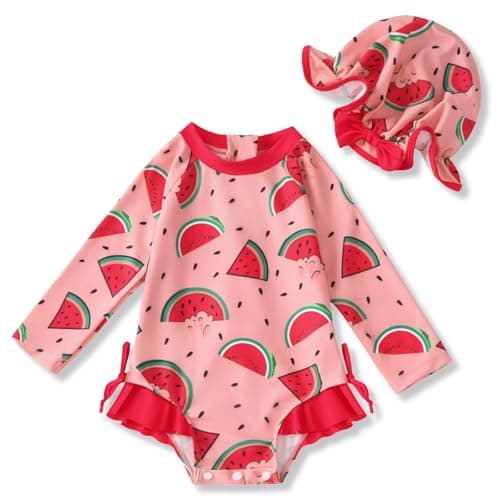 AMAWMW Infant Baby Girl Swimsuit Long Sleeve One-Piece Swimwear with Hat Rash Guard Floral Zipper Bathing Suit Beach Wear - Image 1
