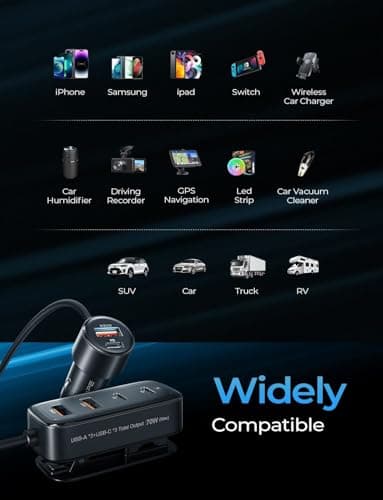 AINOPE 108W Multiple Ports Car Charger, Road Trip Essentials for Kids, Travel Essentials for Long Trips, 6-Port USB C Cigarette Lighter Adapter Fast Charging for iPhone 17 16 15 for iPad [+5FT Cable] - Thumbnail 6