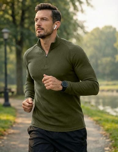 JMIERR Mens 1/4 Zip Pullover Slim Fit Ribbed Athletic Running Muscle Shirts Breathable Stretch Flexible Pullover Long Sleeve T Shirt, Small, A Jungle Green - Thumbnail 5