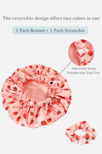 Vettres Silk Hair Bonnet for Sleeping with Scrunchie Adjustable Sleep Bonnets Double Layer Satin Sleep Cap for Curly Hair Strawberries - Thumbnail 4