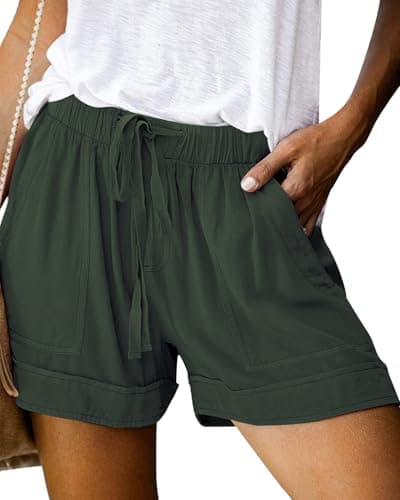 NILOINE Women's Fashion Elastic Waist Drawstring Shorts Summer Pure Color Linen Shorts Plus Size Short Pants with Pockets(1-Army Green,Large) - Image 1