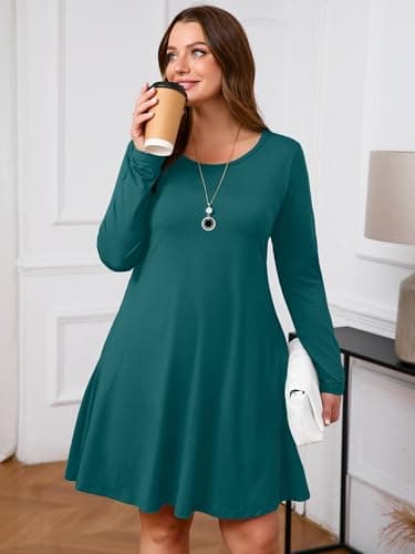 AusLook Women's Plus Midi Dress Long Sleeve Crew Neck A-Line Casual Swing Flowy Floral Vacation Boho Fall Maternity Wedding Guest Work Indigo Blue 5X 2025 Dresses - Thumbnail 3