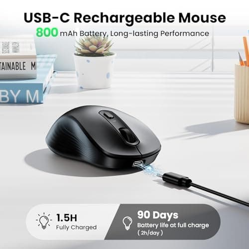 TECKNET Rechargeable Bluetooth Mouse, [ USB + BT5.0 + BT3.0 ] Wireless Mouse, Ergonomic Design, Silent Click, 6-Level 4800 DPI Wireless Mice, 3-Device Switching for Laptop, Computer, MacBook（Black） - Thumbnail 3