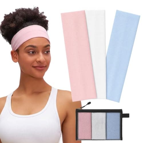 WENNKINN Headbands for Women Non Slip, Soft 95% Cotton Elastic Cloth Hairband for Workout Gym Running Sports, Sweat Wicking Wide Headband, 3 Pack with Bag(Pink, Light Blue, White) - Image 1