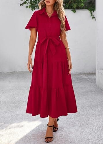 KIRUNDO Summer Button Down Wedding Guest Shirt Dresses for Women Maxi Flutter Short Sleeve Flowy Tiered Beach Sun Dress(Wine Red, Medium) - Thumbnail 4