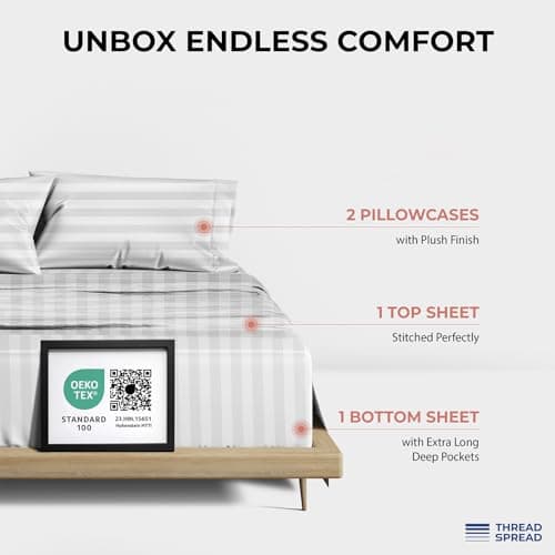 THREAD SPREAD Egyptian Cotton Sheets King Size - 1200 Series Plush Collection Damask Sheet Set Egyptian Cotton (4 PC, White Stripe), Luxury Sheet King Size, Soft, Cooling Deep Pocket Sheets - Thumbnail 3
