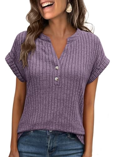 ANRABESS Womens Short Sleeve Henley Shirts V Neck Summer Sweaters 2026 Spring Business Tunic Tops Dressy Casual Work Blouses Purple X-Large - Image 1