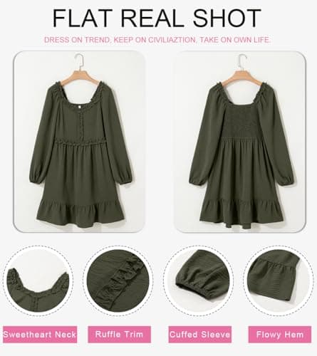 Dokotoo Womens Elegant Dresses 2026 Fashion Crewneck Long Sleeve Empire Waist Dress Casual Ruffle Trim Smocked Flowy Mini Dress Green Small - Thumbnail 4
