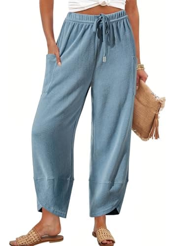Bsubseach Wide Leg Pants Woman Elastic Waist Drawstring Palazzo Harem Pants Sweatpants with Pockets Haze Blue 2XL - Image 1
