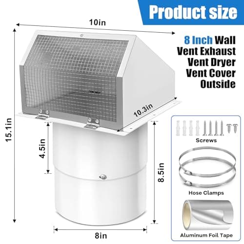 8 Inch Microwave Wall Vent Cover for Range Hood Exterior Wall Vent Microwave Exhaust,Kitchen Bath HVAC Duct Air Ventilation, Outside Vent Cover Fits 8’’ Round Duct - Thumbnail 2