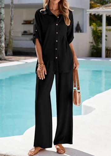KIRUNDO Two Piece Sets for Women Spring Outfits 2026 Summer Fall Dressy Casual Button Down Shirt Wide Leg Pants Lounge Set(Black, Large) - Thumbnail 6