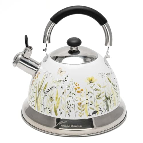 Tinlon Enamel Tea Kettle, 3.1QT Whistling Stovetop Kettle, Folding Handle