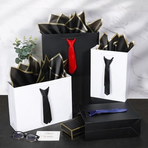 2 Pcs Fathers Day Gift Bags, white Gift Bags with Handles and Pre-Tied Blue Tie, 2 tissue paper and 2Greeting Cards,Fathers Day Gift Bag, birthday gift bags for men boy, Teacher Appreciation gift bags,Graduation Party Wedding gift bags (Small white/black) - Thumbnail 6