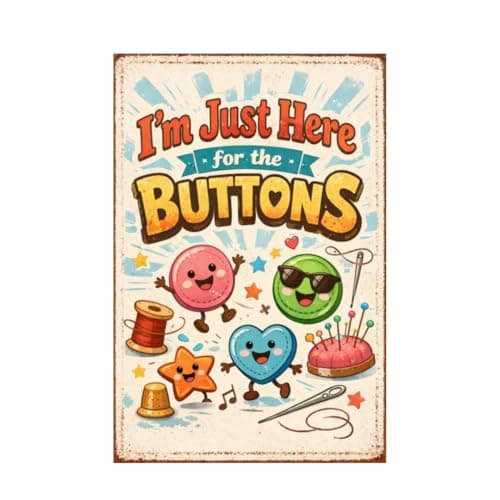 I’m Just Here for the Buttons Tin Sign Cute Cartoon Sewing Wall Art Colorful Button Metal Plaque Funny Craft Room Decor Decorative Sign for Sewing Studio Home Wall 8x12 Inch - Image 1
