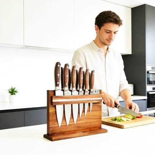 Large Magnetic Knife Holder - 14.5 x 11" Double-Sided Acacia Wood Block with Built-in Sharpener, Holds 14+ Knives, Premium Kitchen Counter Organizer for Professional Chefs - Thumbnail 2