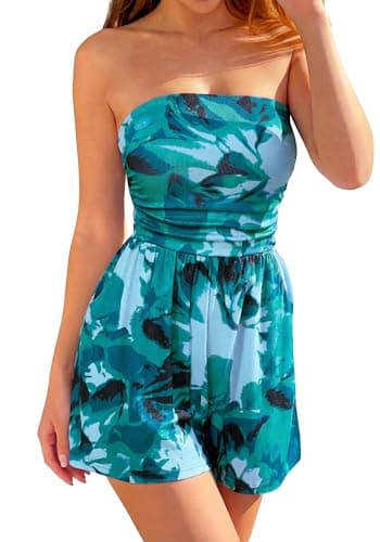 BTFBM Rompers For Women 2026 Summer Strapless Printed Tube Boho Wide Leg Beach Short Jumpsuit Spring Date Night Romper(Floral Green, X-Large) - Image 1