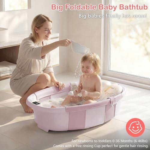 Collapsible Baby Bathtub - Large Baby Bath Tub with Thermometer | Bath Essential Bañera para Bebe Easy Fold Baby Tub | Travel Infant Newborn Toddler Bathtub for Baby Girl Boy 0 to 36 Months (Pink) - Thumbnail 2
